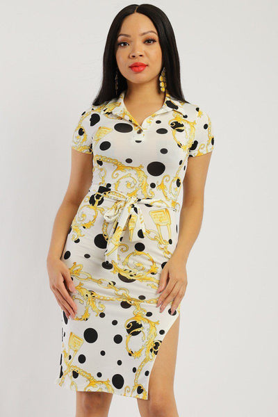 Print Midi Tee Dress With Short Sleeves Collared V Neckline, Decorative Button, Matching Belt And A Side Slit