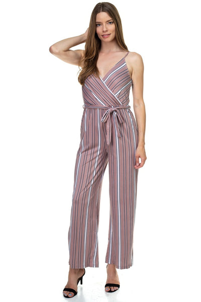 Sleeveless Stripe Waist Tie Jumpsuit