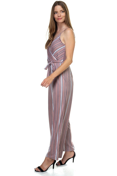 Sleeveless Stripe Waist Tie Jumpsuit