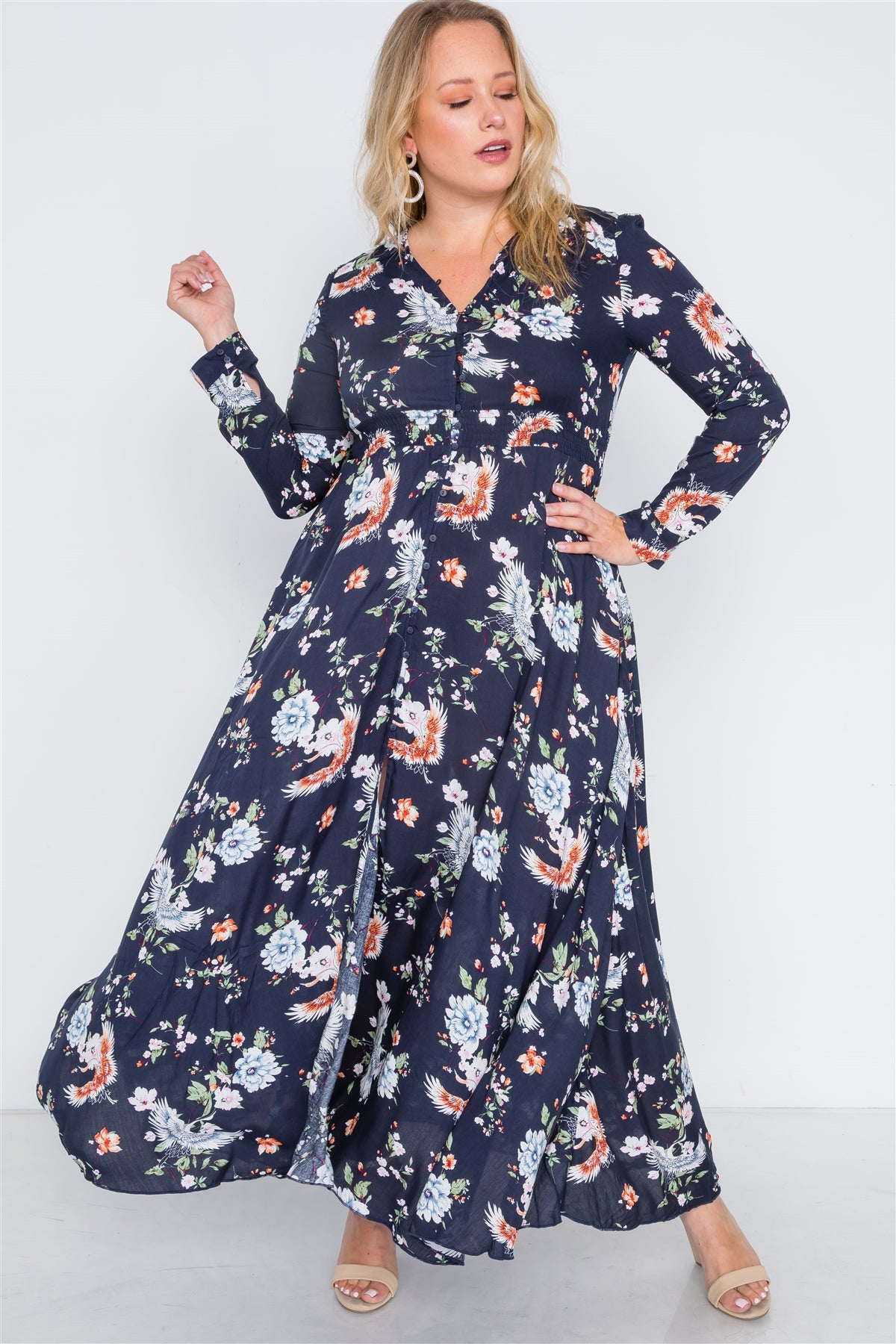 Plus Size  Floral Print Button Down Maxi Dress