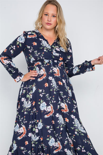 Plus Size  Floral Print Button Down Maxi Dress
