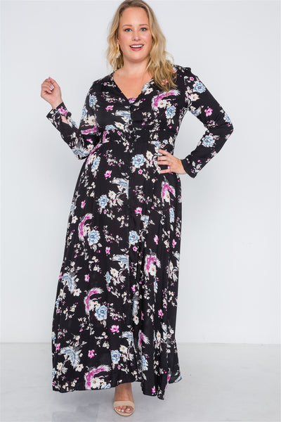 Plus Size  Floral Print Button Down Maxi Dress