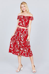 Tulip Sleeve Off The Shoulder Button Down Crop Top And Button Down Midi Skirt Set