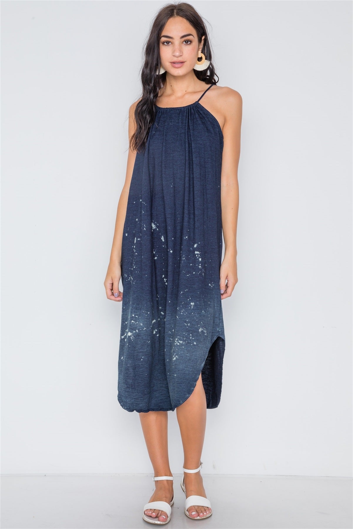 Navy Bleach Dye Loose Fit Cami Midi Dress