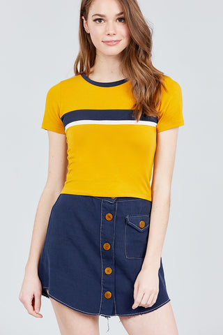 Short Sleeve Crew Neck Color Block Knit Top