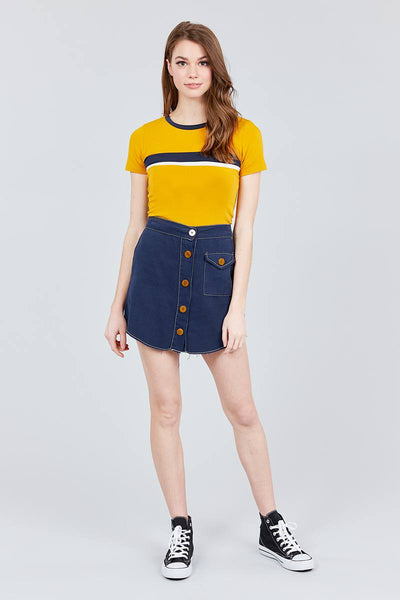 Short Sleeve Crew Neck Color Block Knit Top