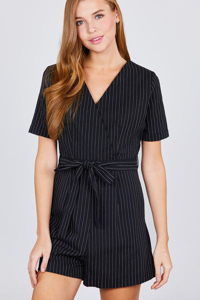 Short Sleeve V-neck Surplice W/waist Belt Stripe Romper