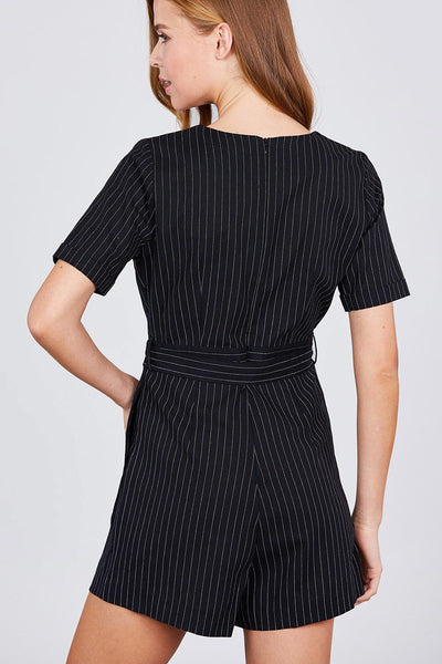 Short Sleeve V-neck Surplice W/waist Belt Stripe Romper