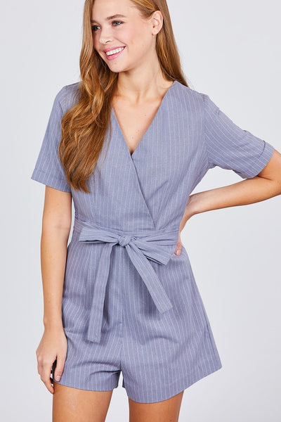 Short Sleeve V-neck Surplice W/waist Belt Stripe Romper