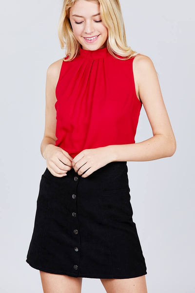 Sleeveless Mock Neck Back Button Woven Top