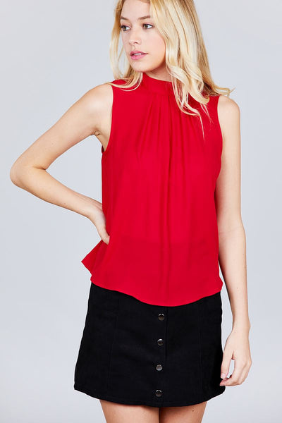 Sleeveless Mock Neck Back Button Woven Top