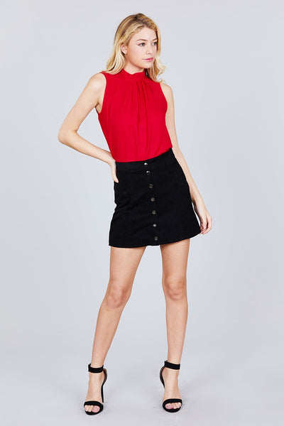 Sleeveless Mock Neck Back Button Woven Top