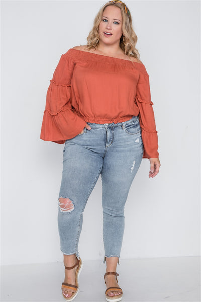 Plus Size Off-the-shoulders Bell Sleeve Top