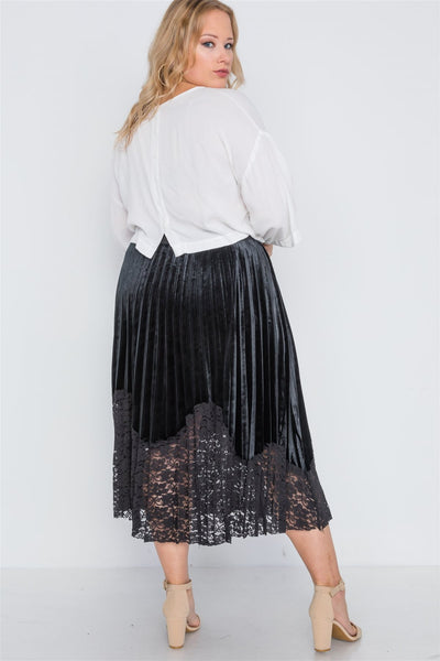 Plus Size Black Velvet Pleated Lace Hem Midi Skirt