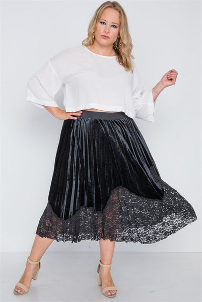 Plus Size Black Velvet Pleated Lace Hem Midi Skirt