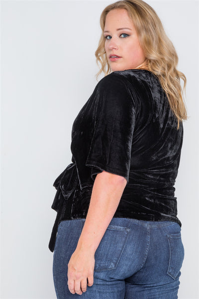 Plus Size Velvet Short Sleeve Side Tie Top