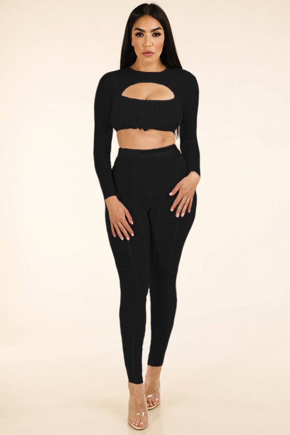 Shirred Mesh Top & Ruched Mesh Leggings Set