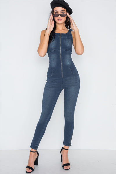 Dark Denim Stretch Zip Up Skinny Leg Jumpsuit