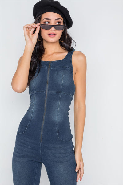 Dark Denim Stretch Zip Up Skinny Leg Jumpsuit