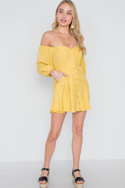Off-the-shoulder Button Down Boho Mini Dress