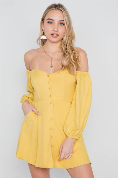 Off-the-shoulder Button Down Boho Mini Dress