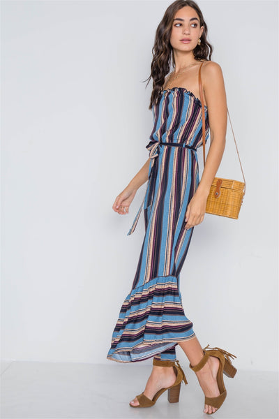 Stripe Strapless Flare Leg Jumpsuit