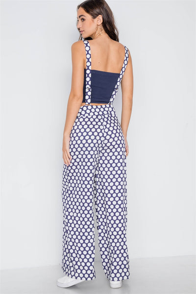 Navy White Polka Dot Wide Leg Suspender Pants