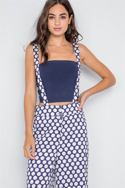 Navy White Polka Dot Wide Leg Suspender Pants