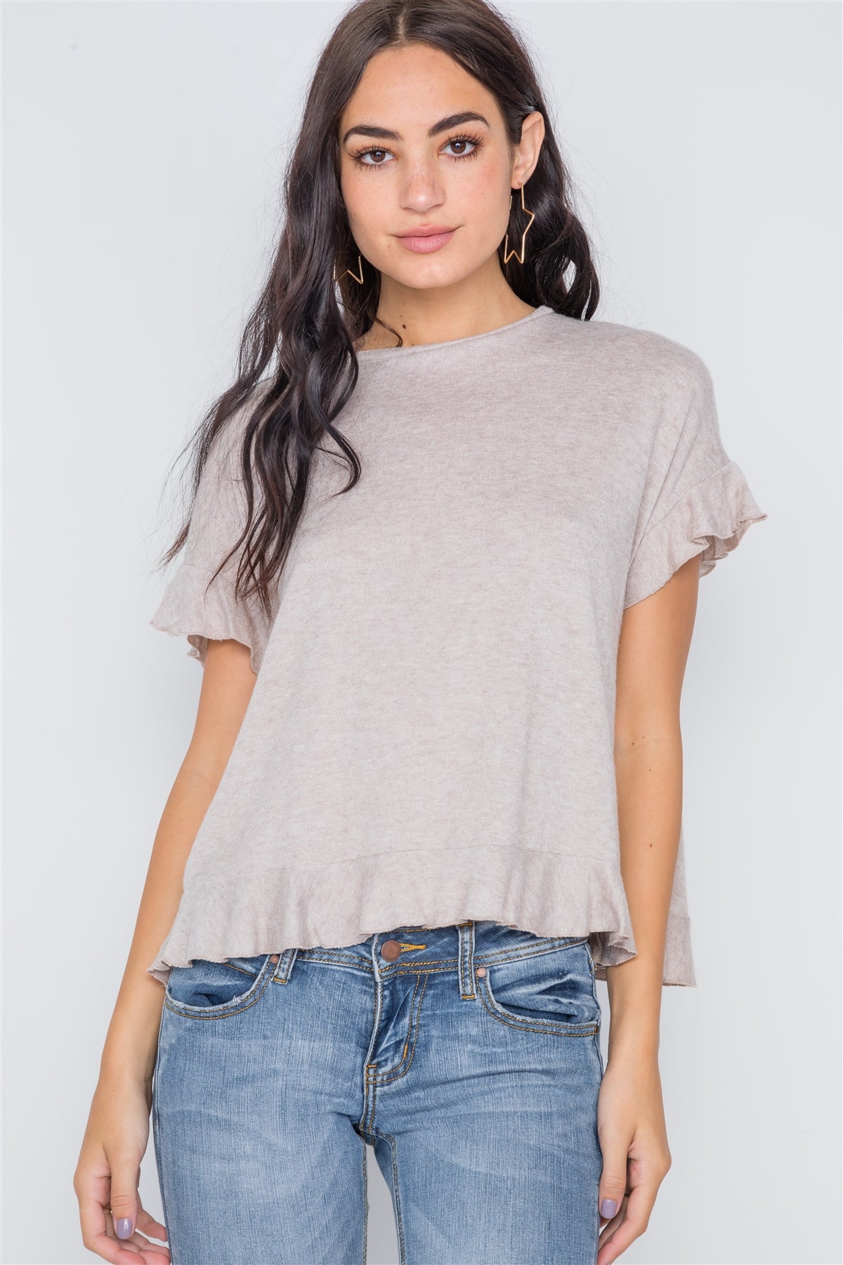 Short Sleeve Surplice Back Ruffle Knit Top