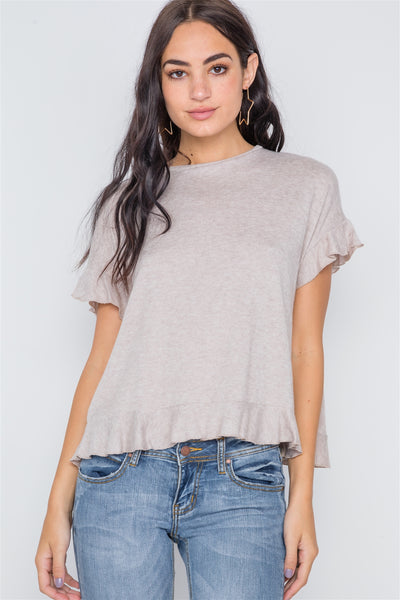 Short Sleeve Surplice Back Ruffle Knit Top