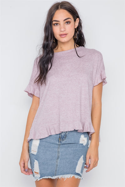 Short Sleeve Surplice Back Ruffle Knit Top