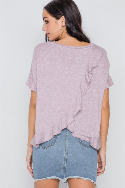Short Sleeve Surplice Back Ruffle Knit Top