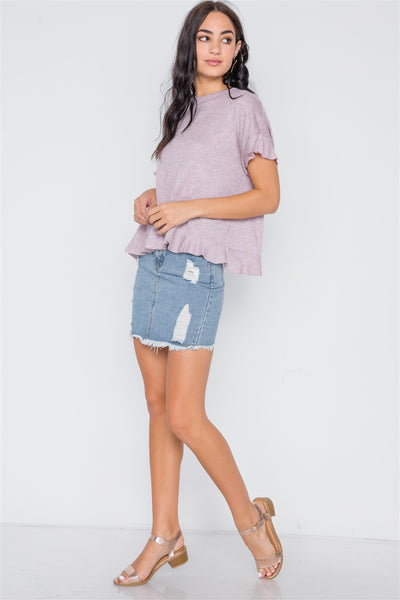 Short Sleeve Surplice Back Ruffle Knit Top