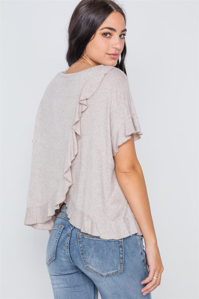 Short Sleeve Surplice Back Ruffle Knit Top