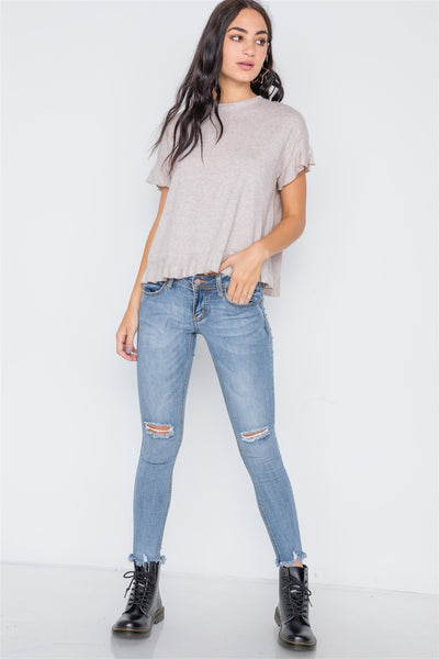 Short Sleeve Surplice Back Ruffle Knit Top