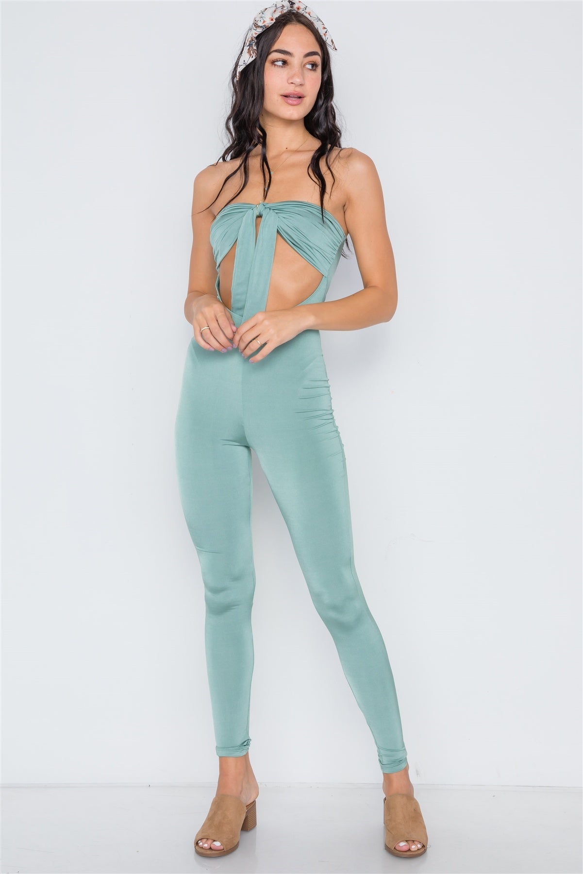 Front Tie Cut Out Skinny Leg Jumpsuit