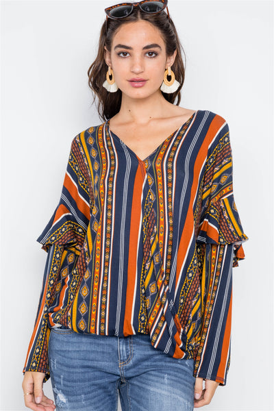 Rust Multi V-neck Stripe Geo Print Long Sleeve Top