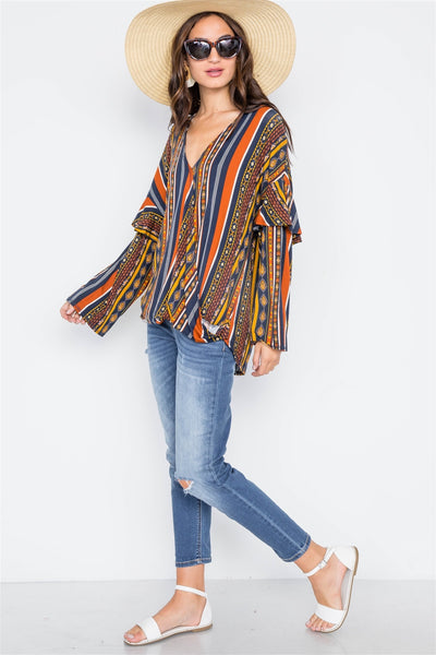 Rust Multi V-neck Stripe Geo Print Long Sleeve Top