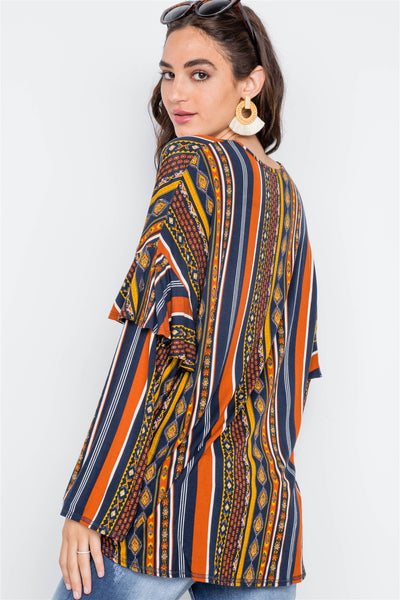 Rust Multi V-neck Stripe Geo Print Long Sleeve Top