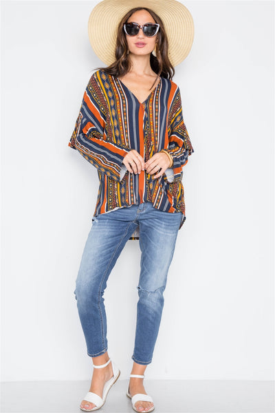 Rust Multi V-neck Stripe Geo Print Long Sleeve Top