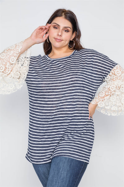 Plus Size Navy Taupe Stripe Lace Sleeves Knit Top