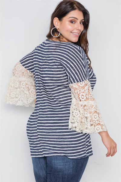 Plus Size Navy Taupe Stripe Lace Sleeves Knit Top