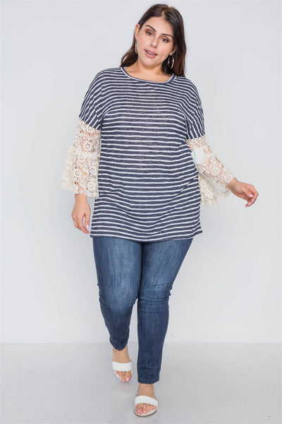 Plus Size Navy Taupe Stripe Lace Sleeves Knit Top