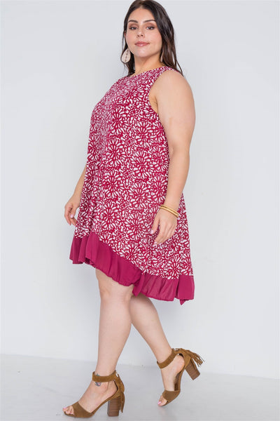 Plus Size Red White Floral Sleeveless Boho Dress