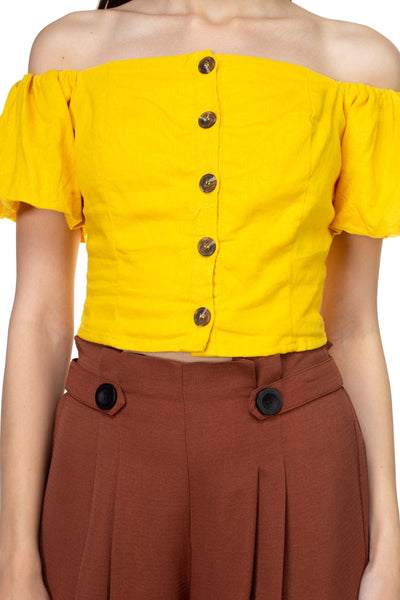 Button Down Puff Sleeve Crop Top