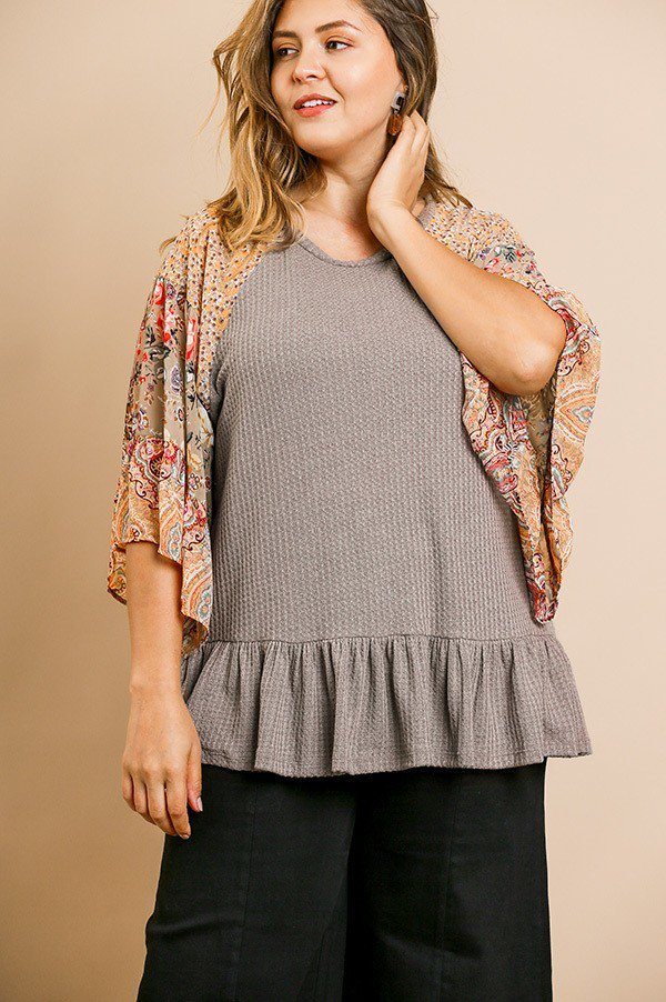 Floral Paisley Mixed Print Bell Sleeve Waffle Knit Top