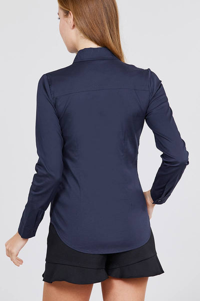 Long Sleeve Princess Line One Side Pocket Button Down Woven Shirts