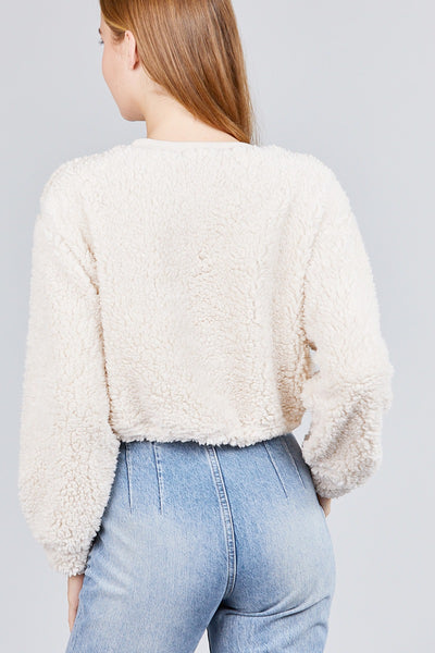 Long Dolman Sleeve Round Neck Toggle Elastic Hem Faux Fur Top