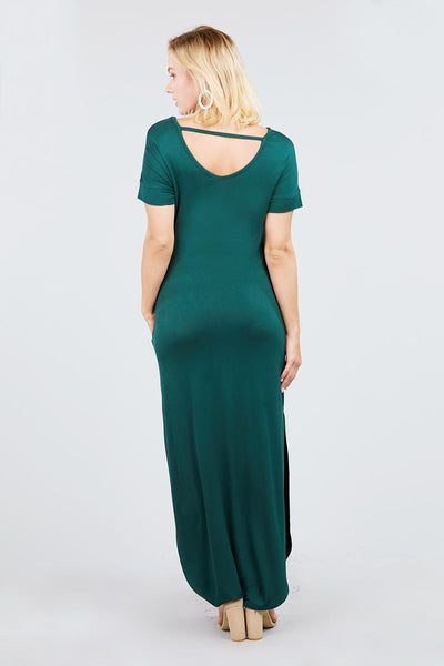 Short Dolman Sleeve Double V-neck W/side Pocket Rayon Spandex Side Slit Maxi Dress