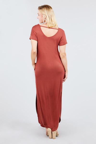 Short Dolman Sleeve Double V-neck W/side Pocket Rayon Spandex Side Slit Maxi Dress